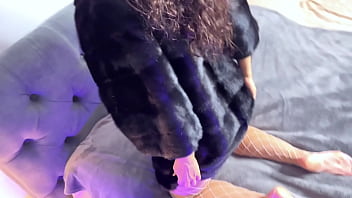 Squirt and pulsating pussy orgasm experienced by hot brunette in fur coat and pantyhose while masturbating cunt with big vibrator