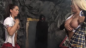 The moist cunts of girls wearing white fishnets and skirts are plowed in various postures