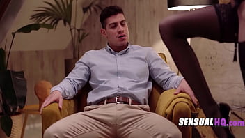 Hot blonde in stockings dominates