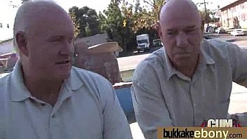 Ebony babe sucks group of white guys 23