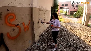Naughty girl gave a little blowjob and wanted sex graffiti