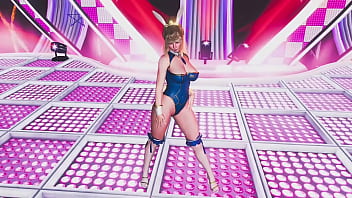 Youthful alluring saber sings and dancing on scene in a skimpy latex outfit