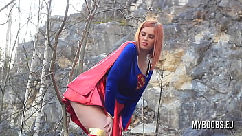 Huge natural tits super woman cosplay making outdoor