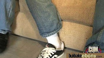 Ebony babe sucks group of white guys 13