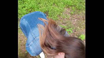 Brunette babe loves sucking my cock outdoors