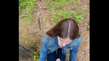 Brunette babe loves sucking my cock outdoors