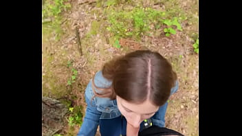 Brunette babe loves sucking my cock outdoors