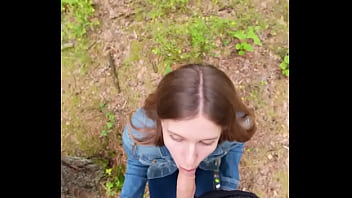 Brunette babe loves sucking my cock outdoors