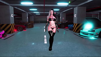 Curvy milf rosanna in tight black outfit posing solo in parking lot