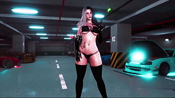 Curvy milf rosanna in tight black outfit posing solo in parking lot