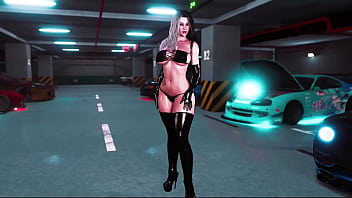 Curvy milf rosanna in tight black outfit posing solo in parking lot