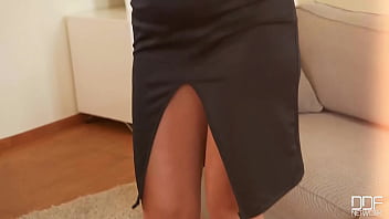 Interview extraordinaire busty babe fingers shaved pussy