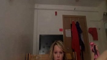 Chubby blonde licks her big tits and puts her underwear inside her pussy