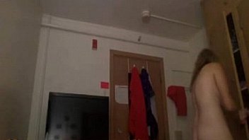 Chubby blonde licks her big tits and puts her underwear inside her pussy