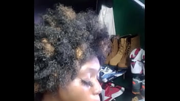 Shortened version of darkchocolatebarbie dancing before making a bbc cum all over her face and afro