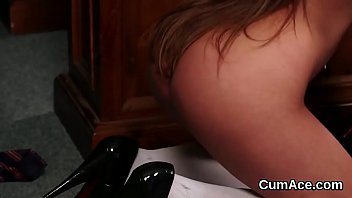 Horny honey gets sperm load on her face gulping all the spunk