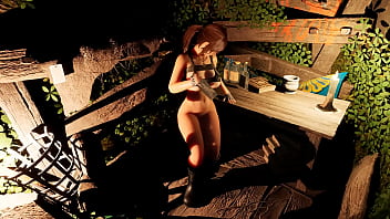 Lara croft stretches her tight pussy with a thick glass bottle hentai game