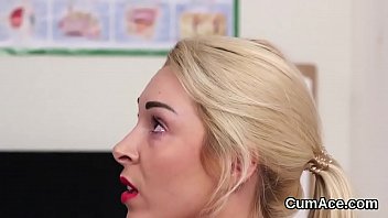 Slutty sex kitten gets jizz load on her face sucking all the jism