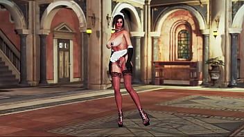 Mature busty lara croft dressed up in skimpy maid costume and dances hot