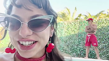 Lifeguard fucks slut poolside as crowd watches