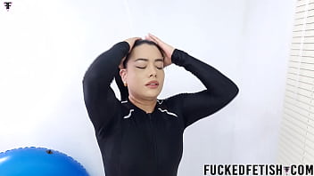 Curvy darkhair wetlook neoprene slow version