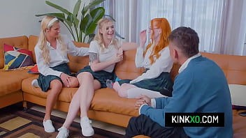 Horny teens share guy's cock after class