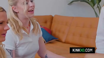 Horny teens share guy's cock after class