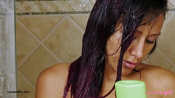 Adorable brunette babe took a shower