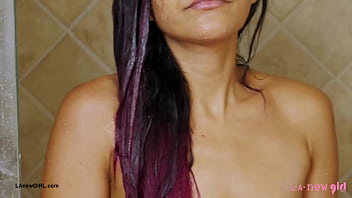 Adorable brunette babe took a shower
