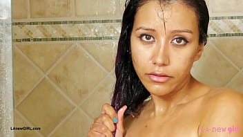 Adorable brunette babe took a shower
