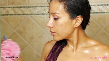 Adorable brunette babe took a shower