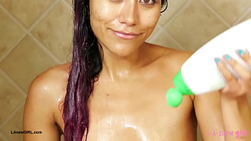 Adorable brunette babe took a shower