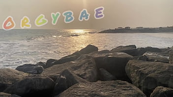 Couple play voyeur at public bar and beach