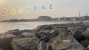 Couple play voyeur at public bar and beach