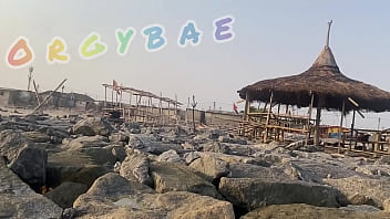 Couple play voyeur at public bar and beach