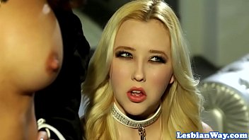 Les dom makes subs lick pussy on a leash