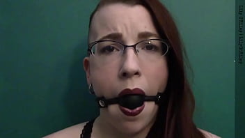 Dark lipstick ballgag drooling with intense eye contact