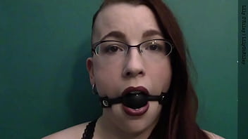 Dark lipstick ballgag drooling with intense eye contact