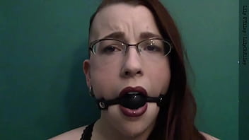 Dark lipstick ballgag drooling with intense eye contact