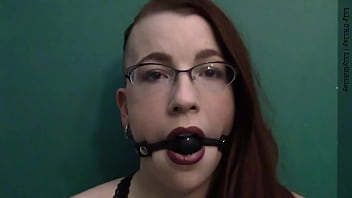 Dark lipstick ballgag drooling with intense eye contact
