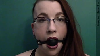 Dark lipstick ballgag drooling with intense eye contact