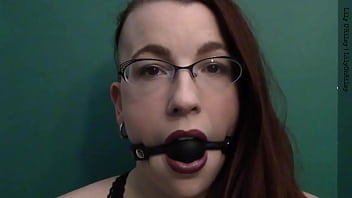 Dark lipstick ballgag drooling with intense eye contact