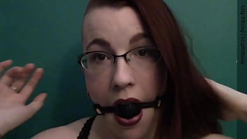Dark lipstick ballgag drooling with intense eye contact