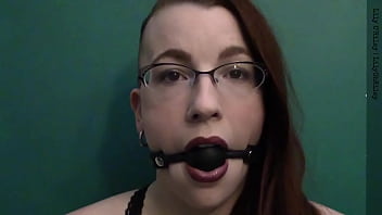 Dark lipstick ballgag drooling with intense eye contact