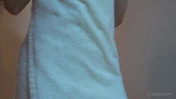 Cute japanese takes off her colorful leotard and gets naked and washes her body in the bathroom