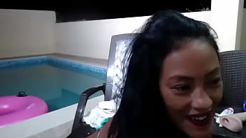 Pool night asian bbw maxine x dildo fucks outdoors in the pool