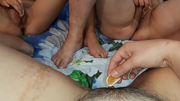 Girls masturbate pussies with tangerines and cum Girls masturbate pussies with tangerines and cum