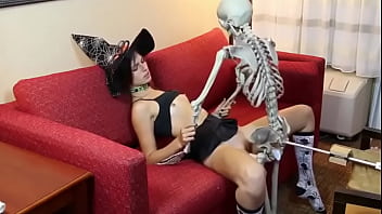 Cute witch and skeleton get it on