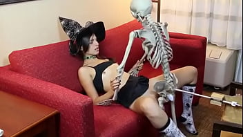 Cute witch and skeleton get it on