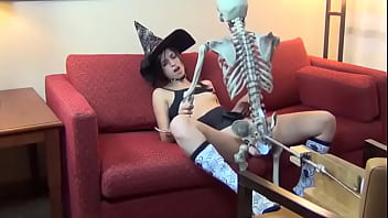 Cute witch and skeleton get it on